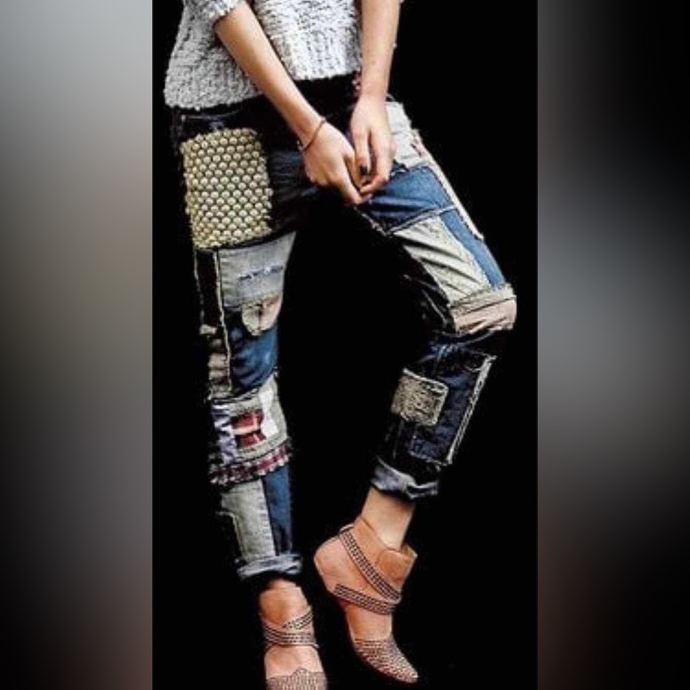 Free People Hippie Slim Patchwork Jeans Lace Brocade Pants 25